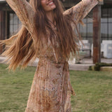 Spell Damask Button Through Gown - Chai Yellow
